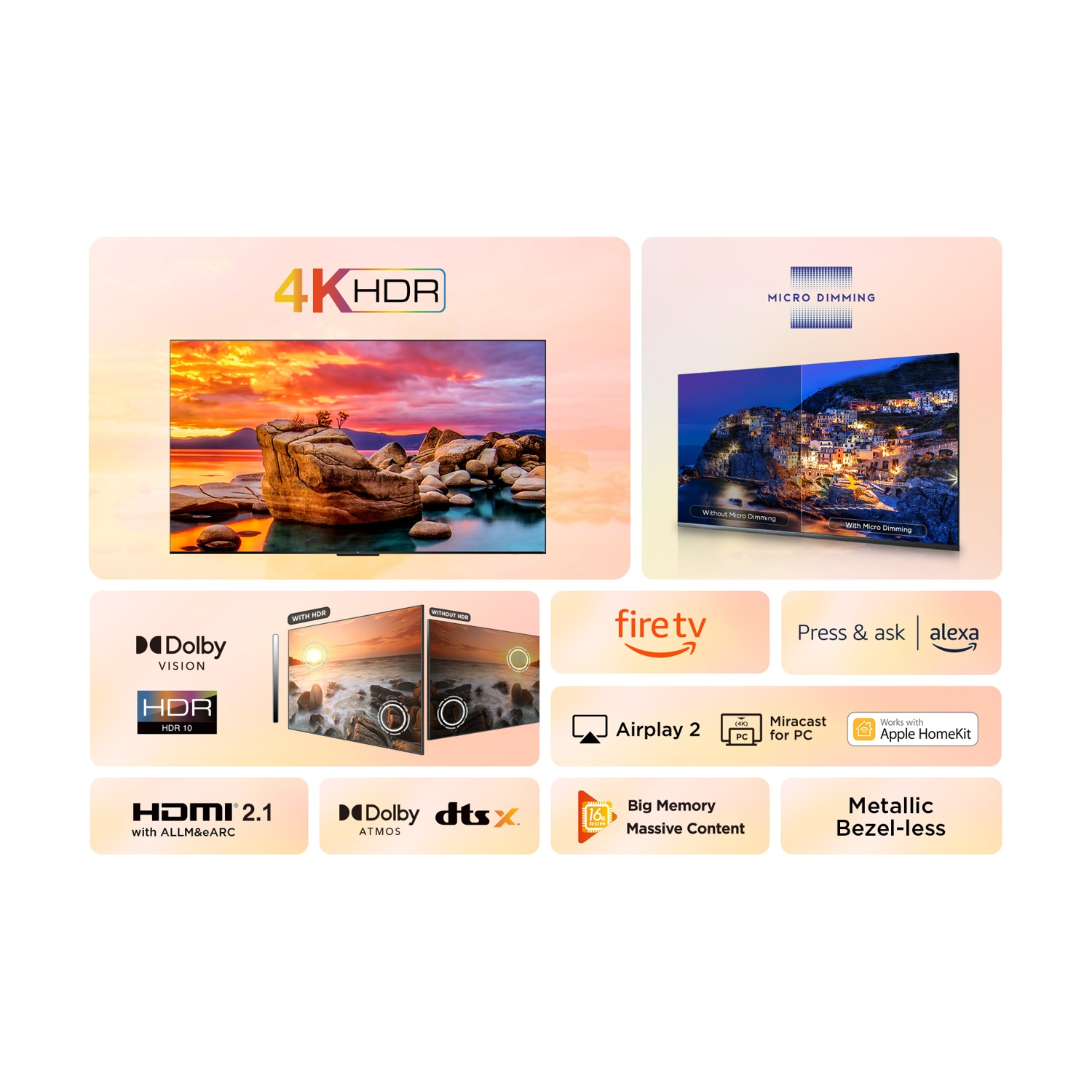 Lo schermo del televisore mostra una scena del tramonto. Le funzionalità includono 4K HDR, Dolby Vision, HDMI 2.1, Fire TV, Airplay 2 e compatibilità Apple HomeKit.