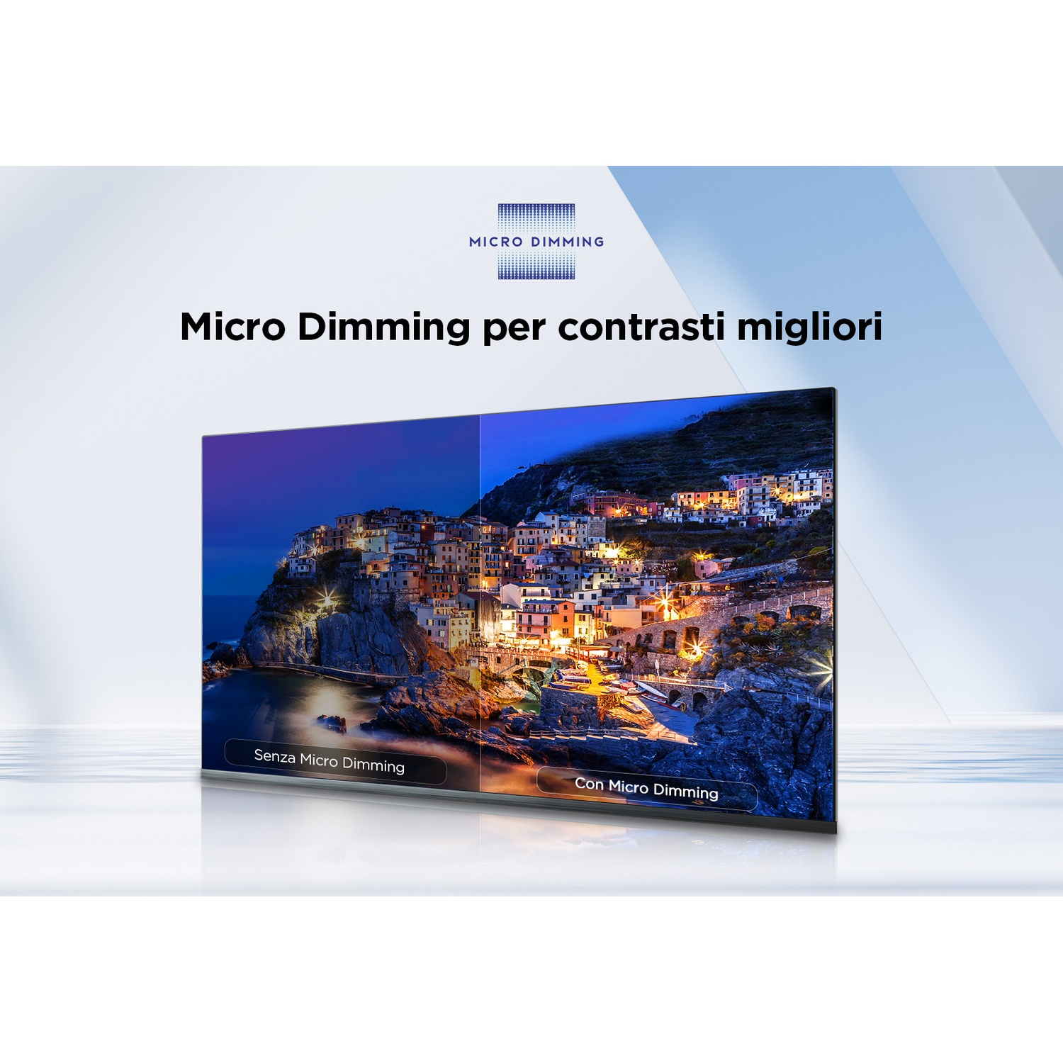 Lo schermo TV mostra una città costiera di notte, divisa per mostrare la differenza con e senza la tecnologia Micro Dimming.