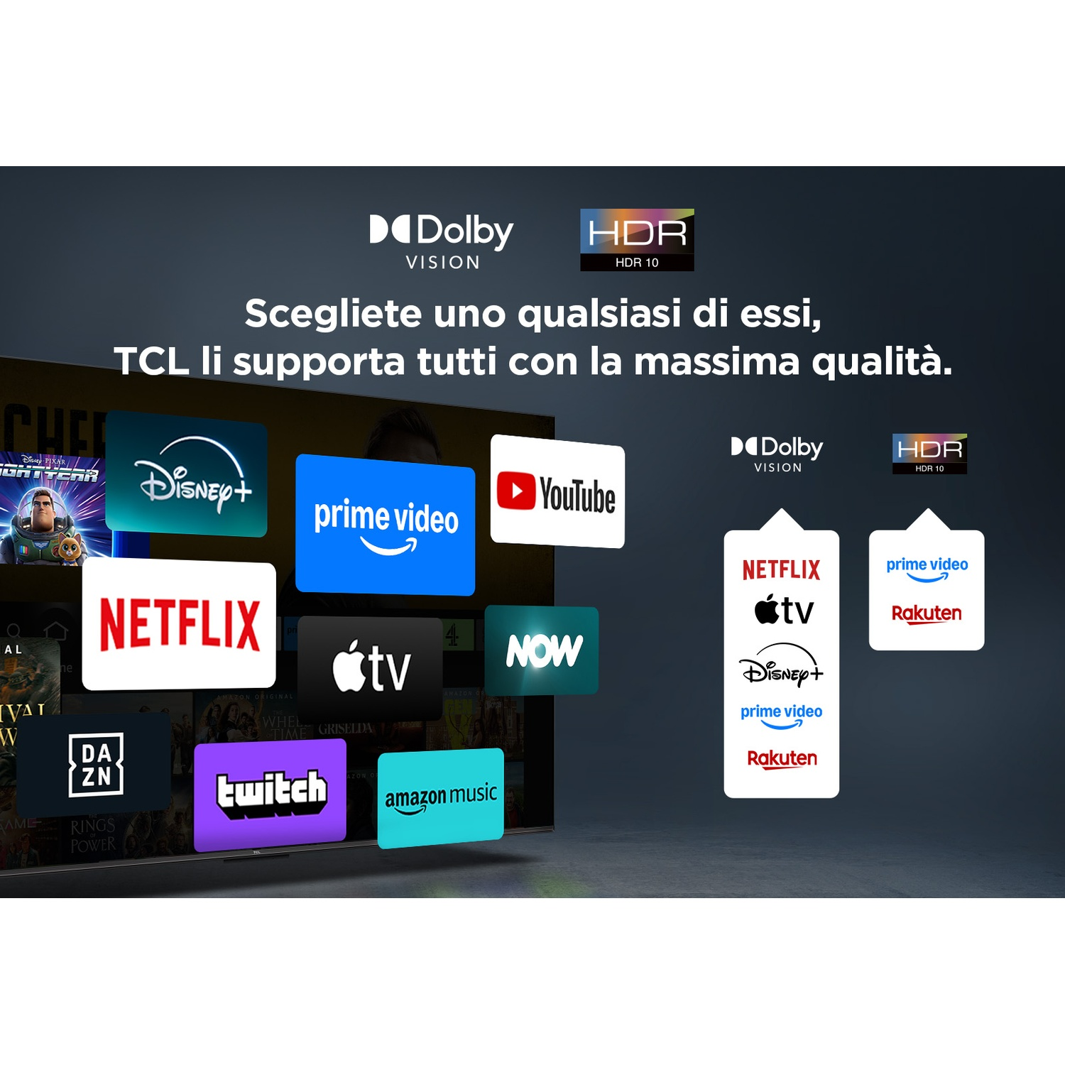 Schermo TV con loghi di servizi di streaming come Netflix, Disney+, Prime Video e YouTube. Testo che promuove la qualità dei TV TCL.