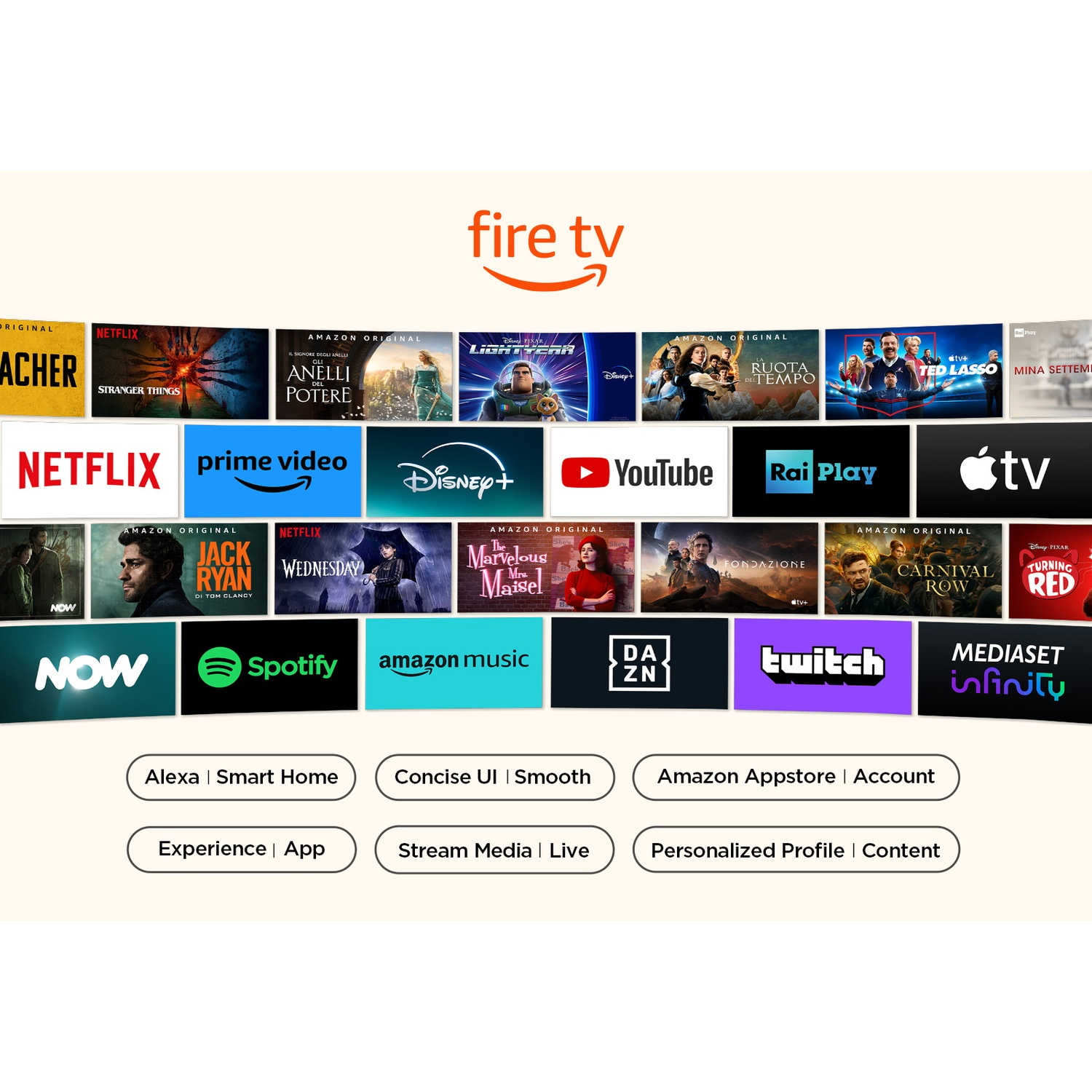 Interfaccia Fire TV con icone di app come Netflix, Prime Video, Disney+, YouTube, Rai Play e altre.