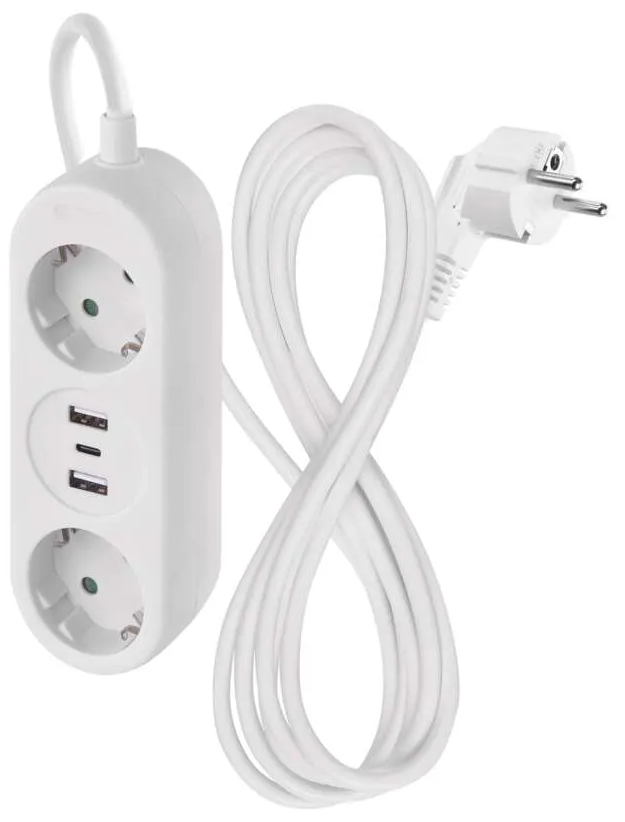 Fehér elosztó, két aljzattal, két USB porttal, fehér kábellel és dugóval.