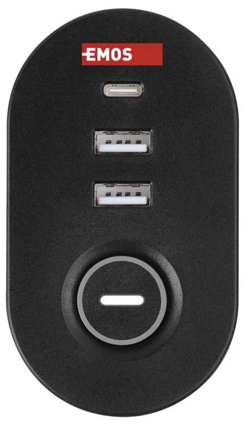 Fekete hálózati adapter 'EMOS' logóval, USB és USB-C portokkal, valamint bekapcsológombbal.