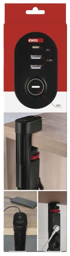 Fekete elosztó USB portokkal és be/ki gombbal. Egy bilincse van az asztalhoz való rögzítéshez és konnektorok a dugaszokhoz.