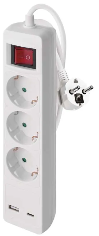 EMOS 2 m hosszabbító kapcsolóval, 3 aljzat, USB-A, USB-C, fehér (P1322CU)