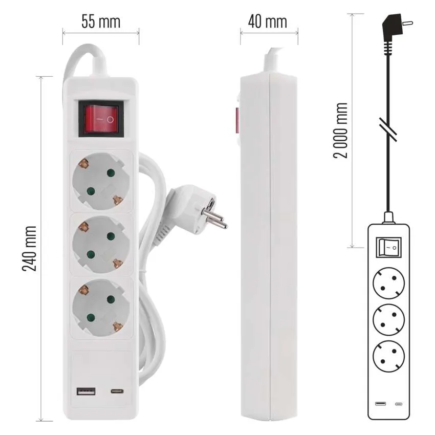 Fehér elosztó 3 aljzattal, kapcsolóval és USB portokkal. Méretek láthatók. A dugó jobbra van.