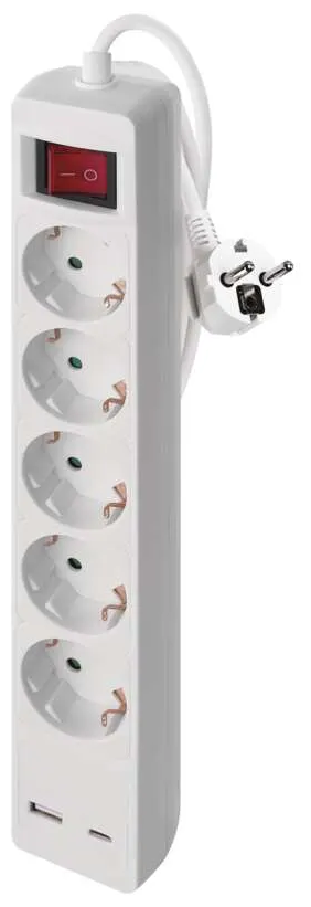 EMOS 3 m hosszabbító kapcsolóval, 5 aljzat, USB-A, USB-C, fehér (P1523CU)