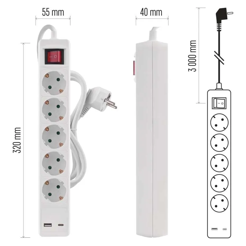 Fehér elosztó öt aljzattal, be/ki kapcsolóval és két USB porttal. Méretek: 55mm, 40mm, 320mm és 3000mm.