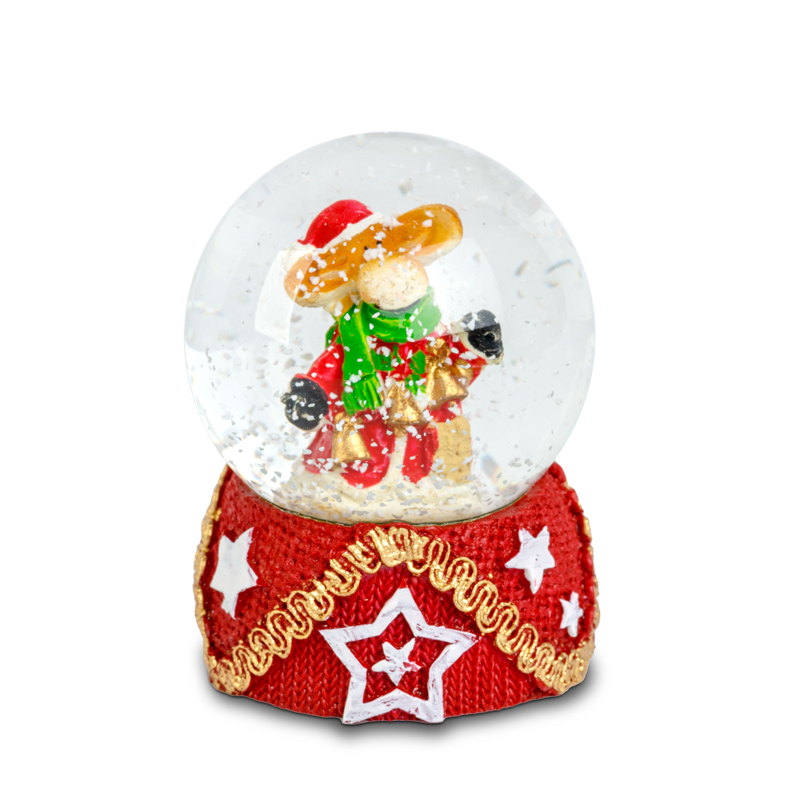 Hógömb piros sapkás és sálas figurával. Piros alapon, csillagokkal díszítve.