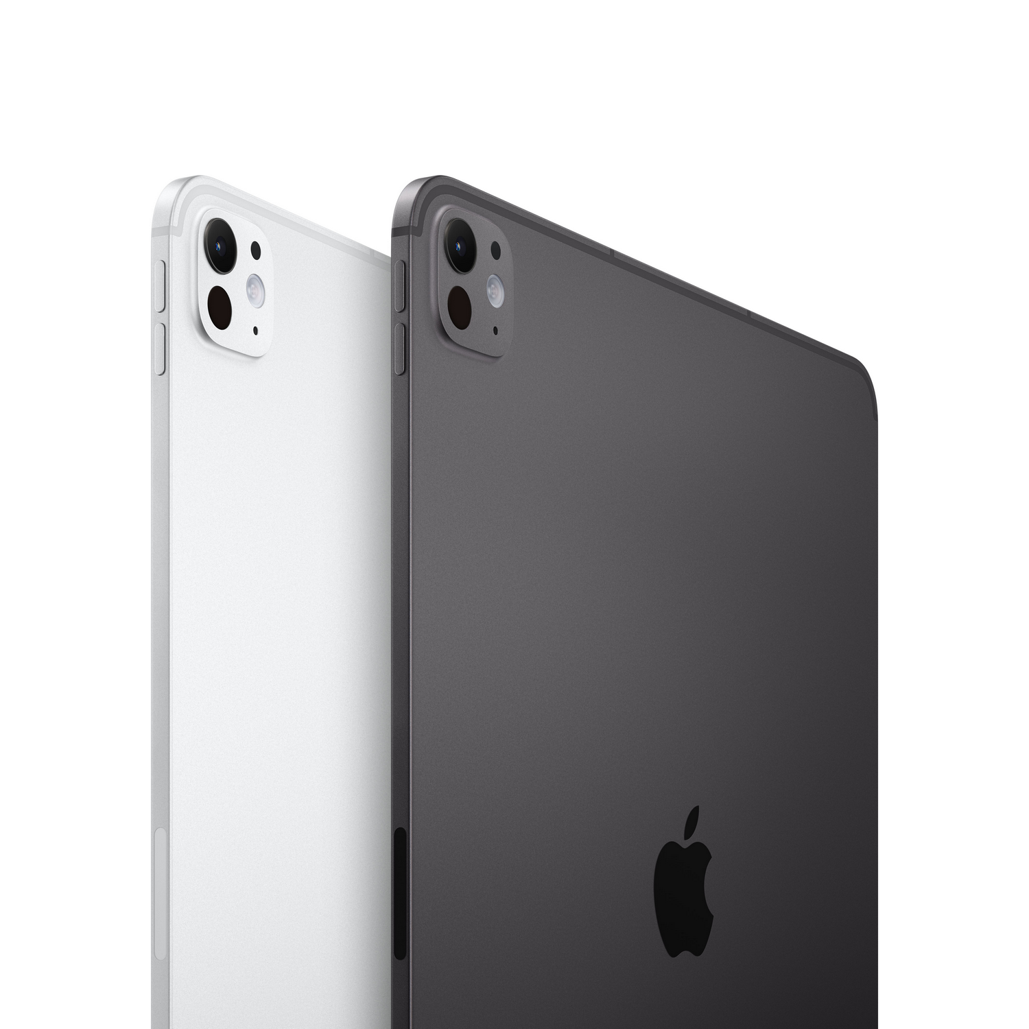 Se muestran dos iPads, uno blanco y otro gris. El iPad gris tiene el logo de Apple. Ambos tienen módulos de cámara en la parte trasera.