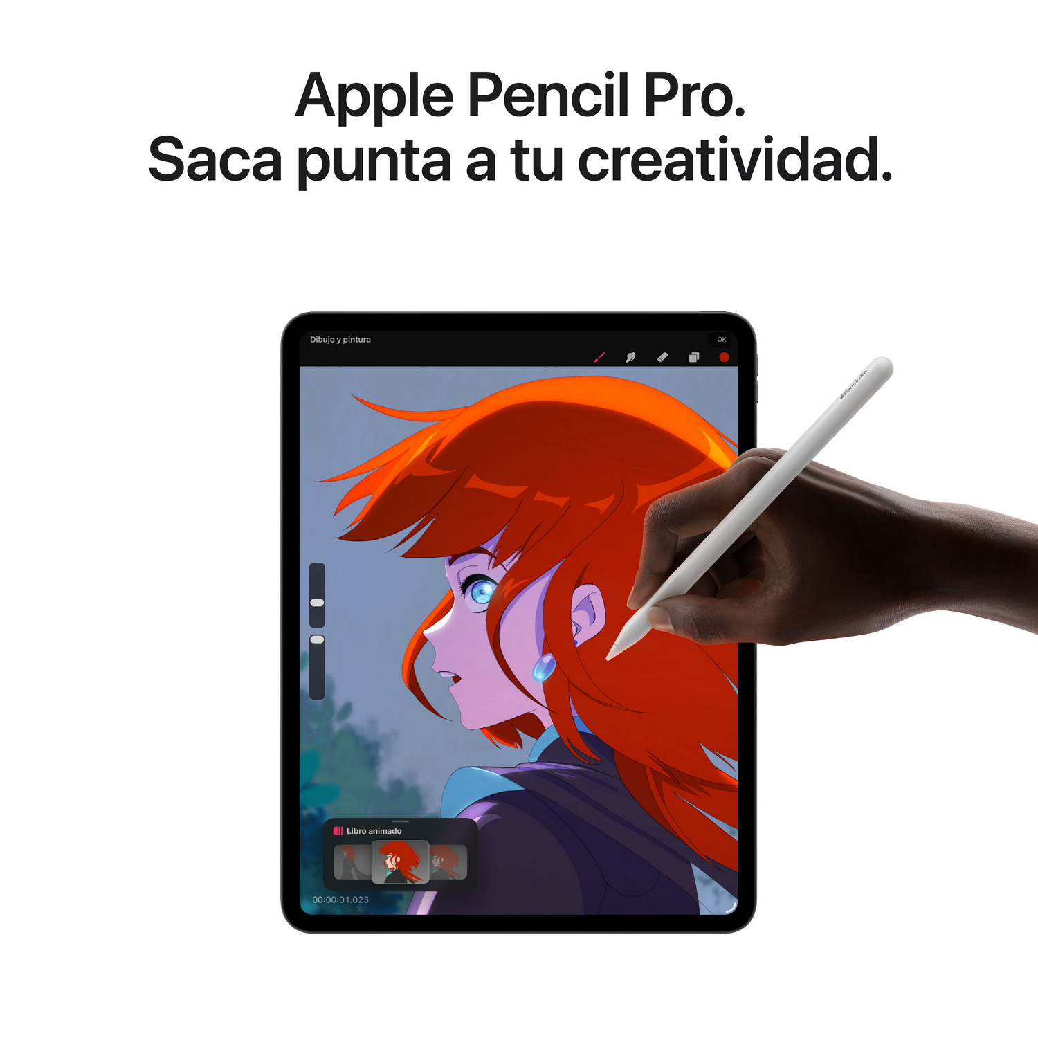 Un Apple Pencil Pro dibuja en una tableta. La pantalla muestra un personaje de anime con pelo rojo, mientras una mano sostiene el lápiz.