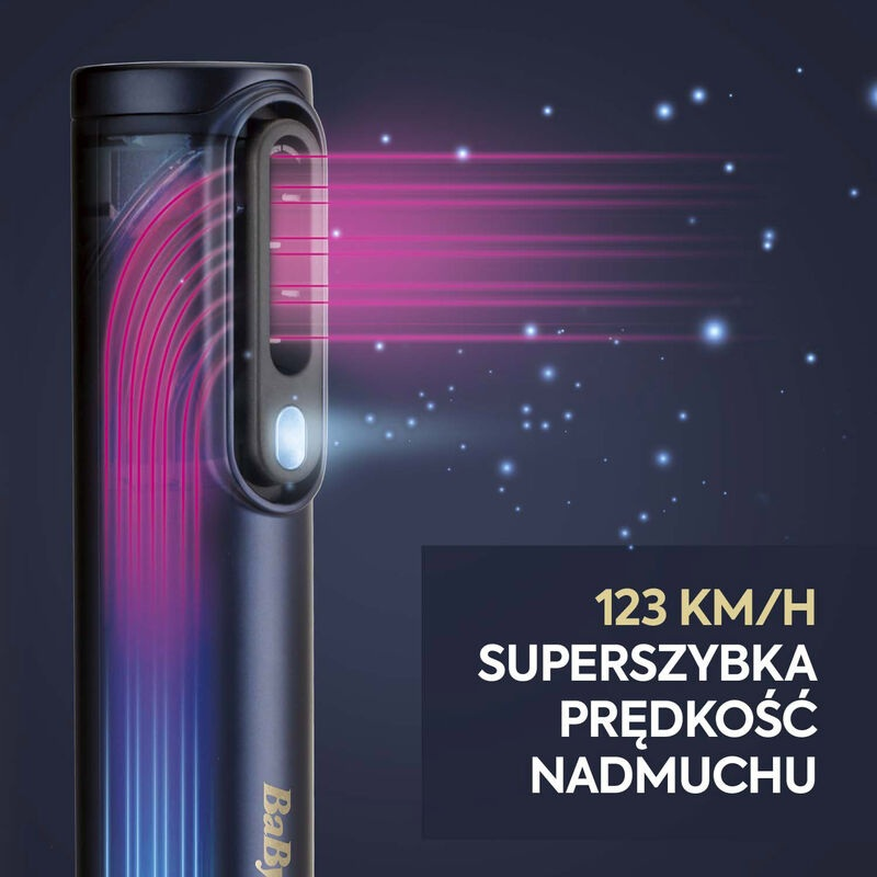 Czarne urządzenie do stylizacji włosów z różowymi i niebieskimi efektami świetlnymi. Tekst: '123 KM/H SUPERSZYBKA PRĘDKOŚĆ NADMUCHU'.