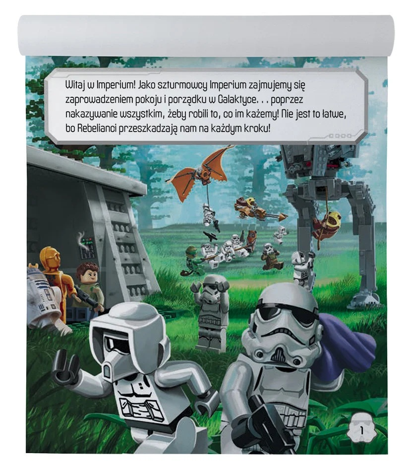 Scena Lego Star Wars z żołnierzami, AT-ST i latającymi stworzeniami w lesie. Dymek z tekstem po polsku.