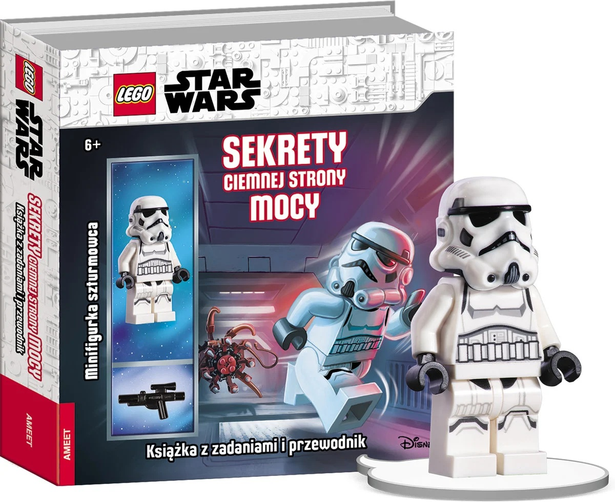 Książka Lego Star Wars z figurką szturmowca. Okładka z wizerunkiem szturmowca i tekstem. Biała figurka szturmowca stoi z przodu.