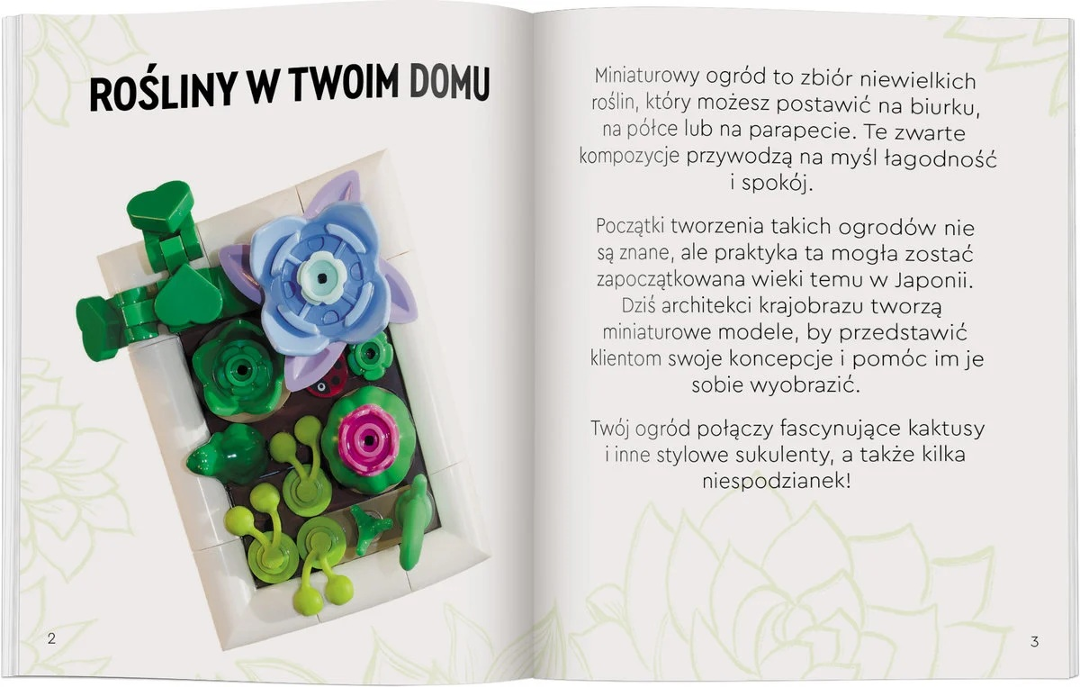 Otwarta strona książki z artystycznym miniaturowym ogrodem z niebieskimi i zielonymi kwiatami oraz tekstem po polsku.