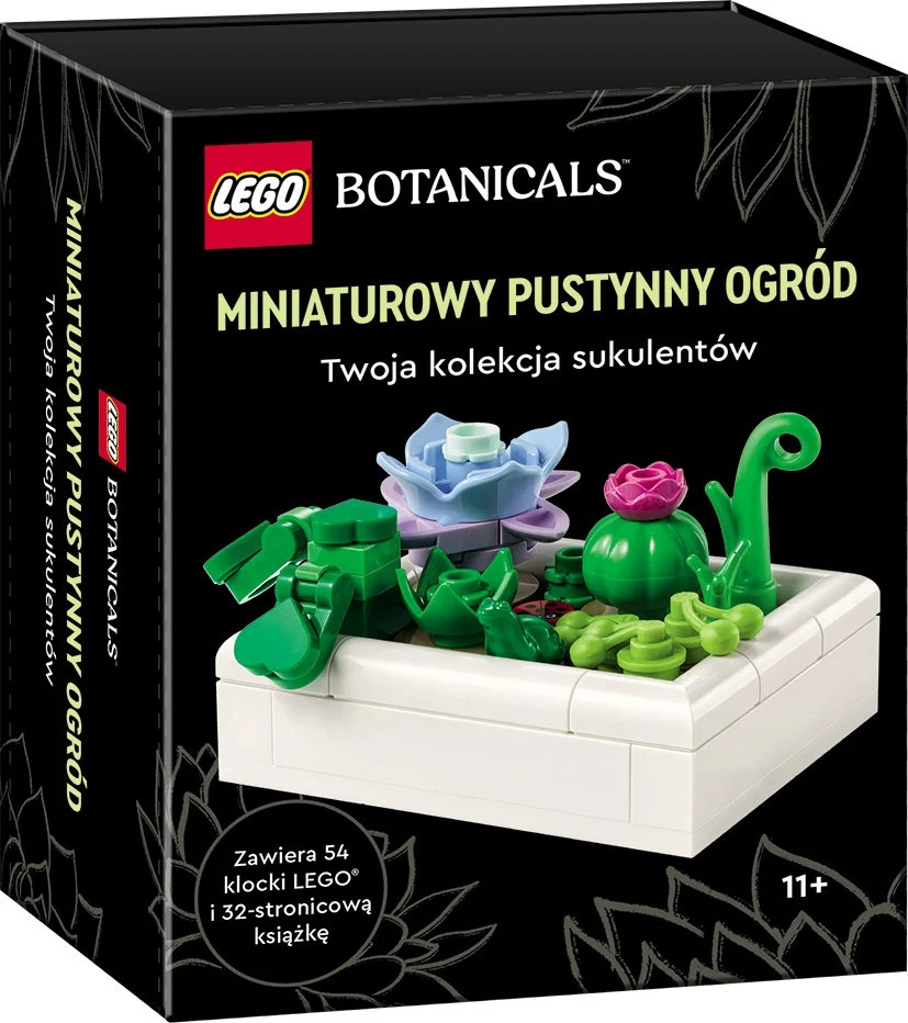 Zestaw Lego Botanicals, 'Miniaturowy Pustynny Ogród', z klockami Lego przedstawiającymi sukulenty w białej doniczce na czarnym tle.