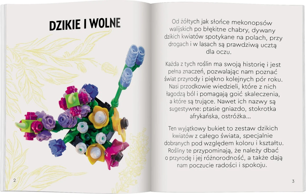 Kolorowy bukiet kwiatów z klocków, na otwartej stronie książki z polskim tekstem.