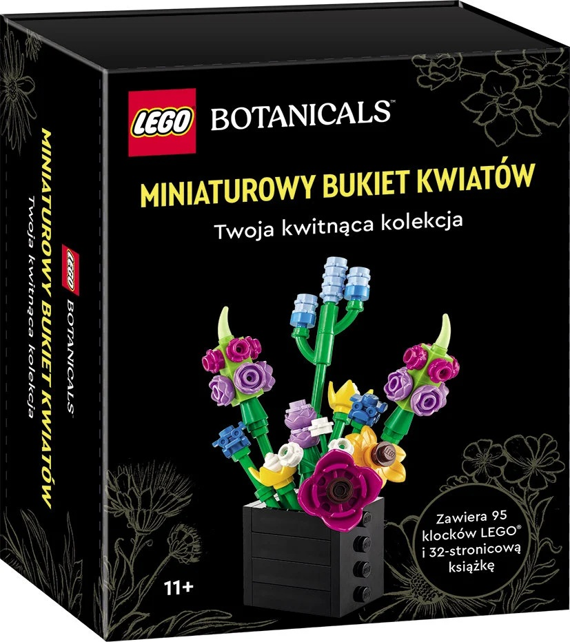 Czarny karton LEGO przedstawia miniaturowy bukiet kwiatów wykonany z klocków LEGO. Na pudełku napis LEGO BOTANICALS i zawiera 95 elementów.