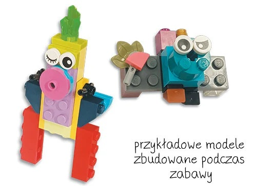 Dwie kreacje Lego. Jedna to żółto-niebieska postać z różowym nosem. Druga to niebieska postać z dużymi oczami.