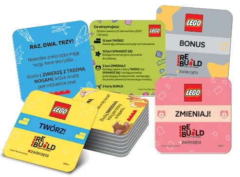 Karty z marką LEGO. Karty zawierają instrukcje i elementy gry do budowania zwierząt.