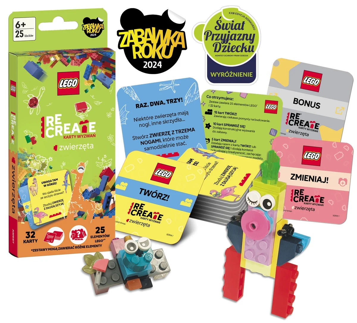 Zestaw Lego z kartami, figurkami zwierząt i nagrodami. Na pudełku napis 'Recreate zwierzęta'. Niektóre karty pokazują budowle zwierząt.