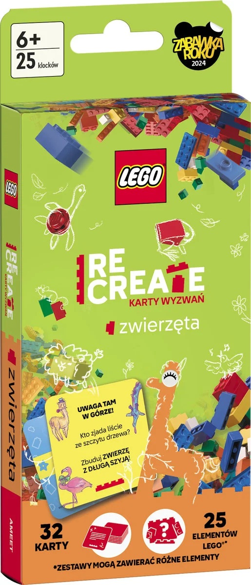 Pudełko Lego z kartami ze zwierzętami. Posiada ilustrację lamy i rozrzucone klocki.