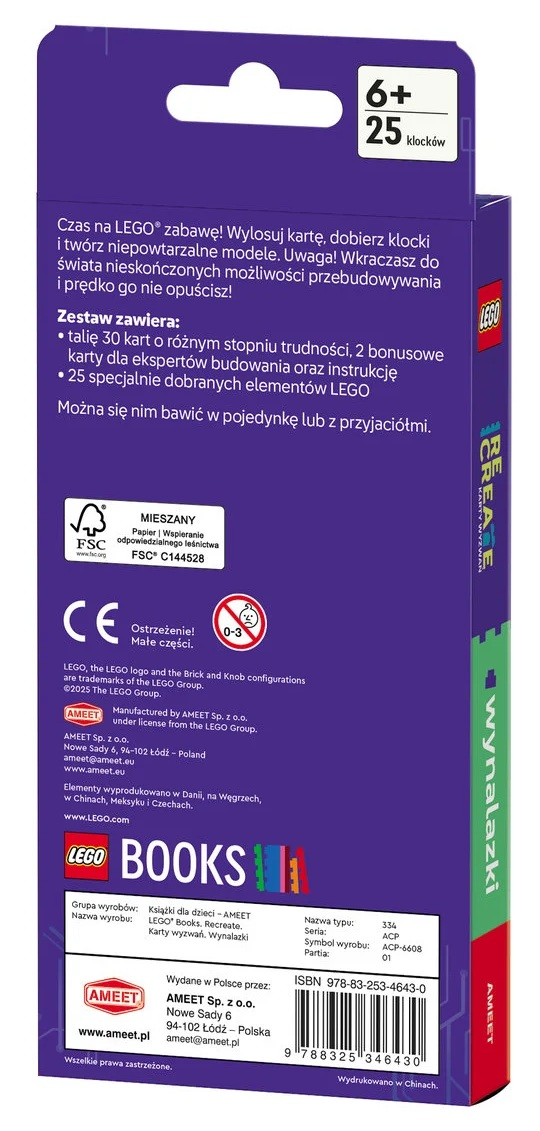 Fioletowe pudełko LEGO z tekstem i obrazkami. Ma etykietę wiekową '6+' oraz logo LEGO i AMEET.