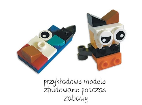 Dwa twory Lego: prostokątny obiekt i postać przypominająca kota. Oba wykonane są z klocków w różnych kolorach.