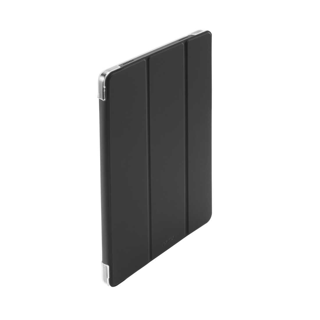 Eine schwarze Tablethülle mit Magnetverschluss wird vor weißem Hintergrund gezeigt. Die Hülle hat einen glänzenden Silberrahmen.