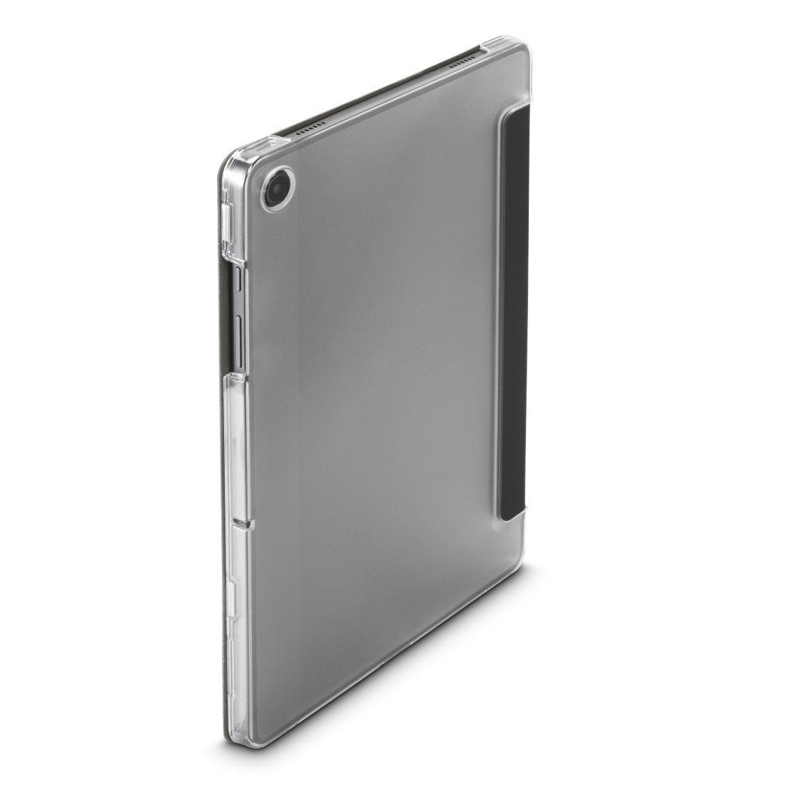 Ein Tablet in einer transparenten Hülle liegt auf einer weißen Oberfläche. Das Tablet ist grau, die Hülle transparent.