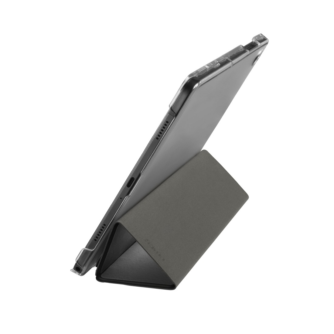 Ein Tablet in einer transparenten Hülle wird von einem grauen, dreieckigen Ständer gehalten. Das Tablet ist angewinkelt, um Bildschirm und seitliche Tasten zu zeigen.