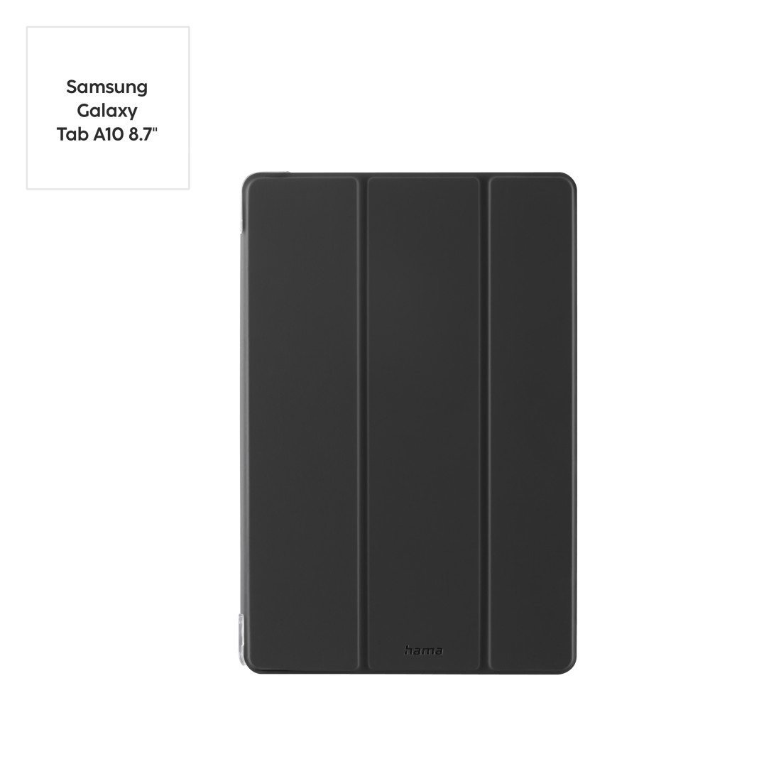 Schwarze Tablethülle für Samsung Galaxy Tab A10 8.7" auf weißem Hintergrund. Der Markenname "hama" ist sichtbar.