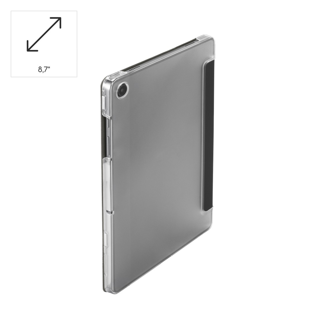 Ein Tablet in einer grauen Hülle. Die Hülle hat einen transparenten Rahmen und eine schwarze Abdeckung. Oben links steht 8,7".