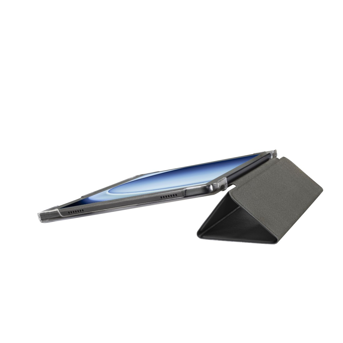 Tablet in grauem Gehäuse, geöffnet und aufgestellt. Der Bildschirm ist sichtbar. Der Hintergrund ist weiß.