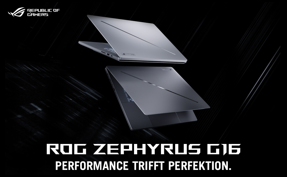 Zwei silberne Laptops, ROG Zephyrus G16, auf schwarzem Hintergrund mit ROG-Logo und Text 'PERFORMANCE TRIFFT PERFEKTION'.