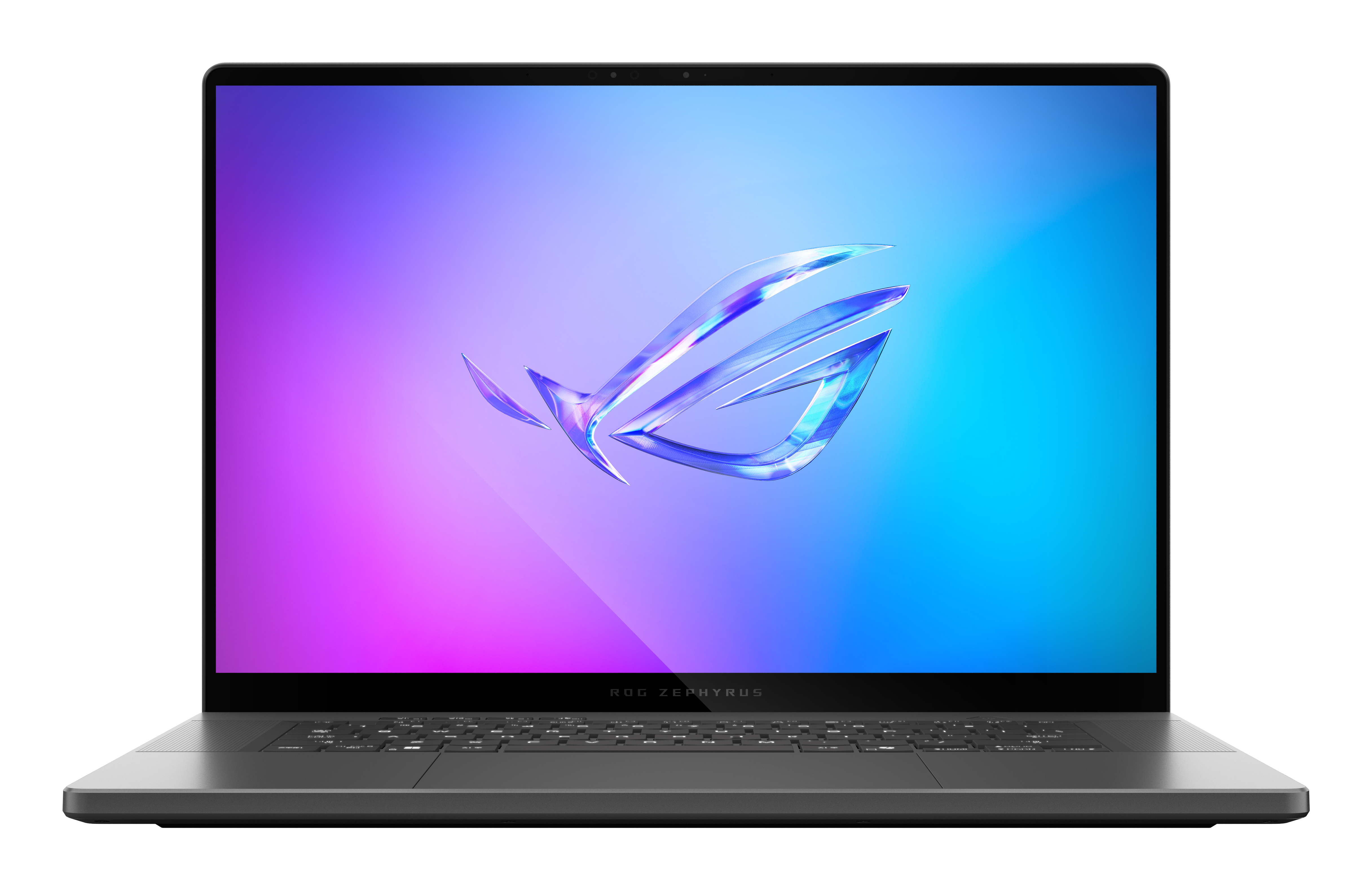 Ein Laptop mit ROG Zephyrus-Logo auf dem Bildschirm. Der Bildschirm zeigt einen Farbverlauf von Blau und Lila.
