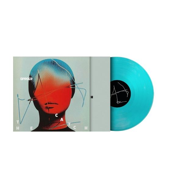 Albumcover und Schallplatte. Das Cover zeigt einen Kopf mit roter und blauer Überlagerung und Text. Vinyl ist türkis.