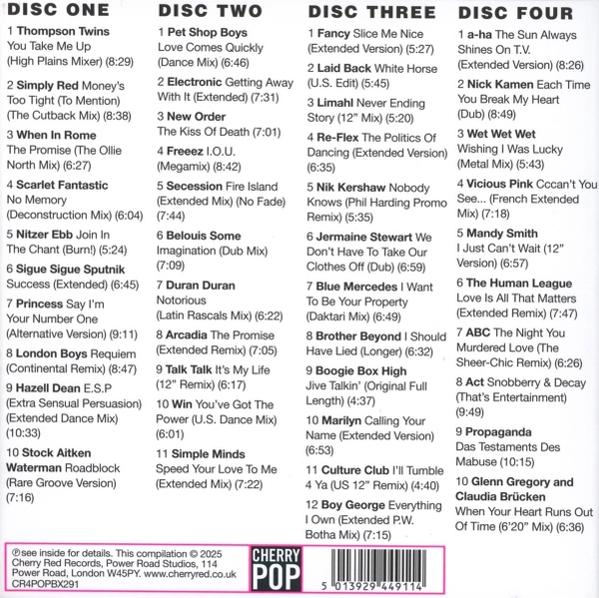 CD-Zusammenstellung mit Titellisten. Vier CDs sind mit Künstlern und Songtiteln aufgeführt. Cherry-Pop-Logo sichtbar.