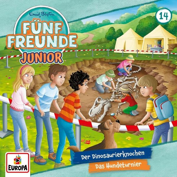 Illustration von Kindern an einer Dinosaurier-Ausgrabungsstätte. Sie untersuchen ein Skelett. Im Hintergrund zwei Zelte, davor ein Hund.