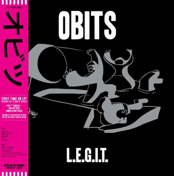 Albumcover mit weißem 'OBITS', grauen Figuren und 'L.E.G.I.T.' unten. Ein pinkfarbener vertikaler Balken links hat japanischen Text.