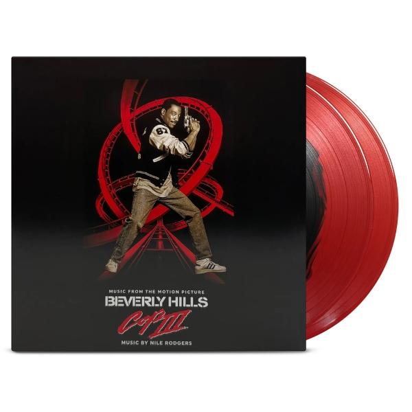 Albumcover für Beverly Hills Cop III. Eddie Murphy hält eine Waffe vor einer roten Achterbahn auf schwarzem Hintergrund. Rotes Vinyl.