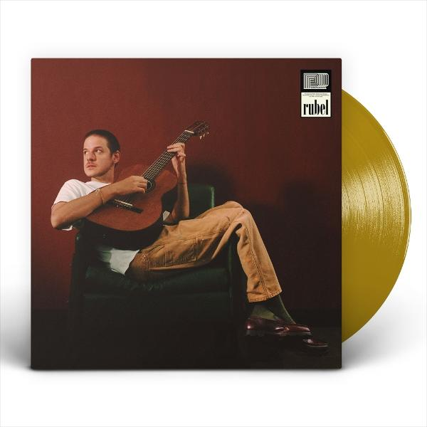 Ein Mann sitzt mit einer Gitarre auf einem Vinylcover. Er trägt ein weißes Hemd, braune Hose und Schuhe. Rechts ist eine goldene Schallplatte.