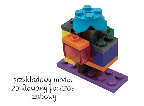 Kolorowa konstrukcja z klocków Lego z różnymi klockami. Fioletowa podstawa, pomarańczowe okno, niebieski wierzch i inne klocki.