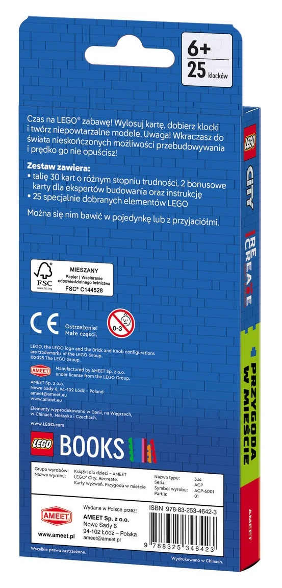 Pudełko LEGO z tekstem i obrazami. Zawiera znak wieku 6+ oraz tekst Przygoda w mieście.