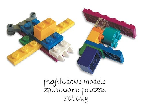 Dwa modele Lego. Jeden jest podobny do samolotu z żółtymi, niebieskimi, zielonymi i białymi klockami. Drugi to pistolet z kolorowych klocków Lego.