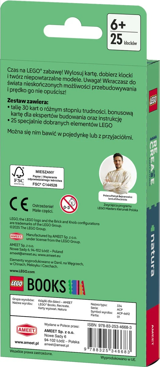 Pudełko LEGO z tekstem i obrazami. Zawiera portret mężczyzny, logo LEGO i zestaw kart.