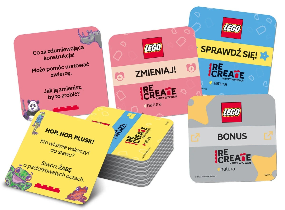 Karty z marką LEGO. Monity tekstowe obejmują: "Co za zaskakująca konstrukcja!" i "Stwórz żabę z paciorkowatymi oczami."