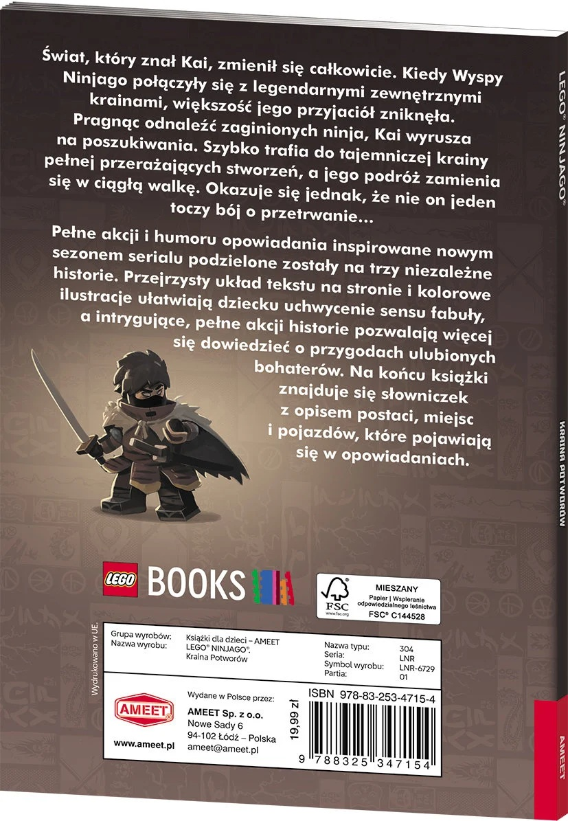 Okładka książki z ilustracją ninja i tekstem w języku polskim, promująca historię LEGO Ninjago o potworach.