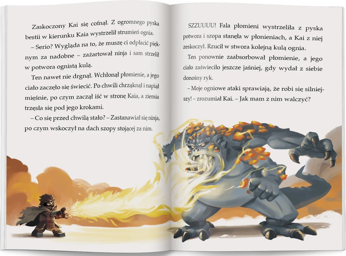 Ninja strzela ogniem do potwora. Potwór go pochłania. Scena przedstawia ilustrację z książki.