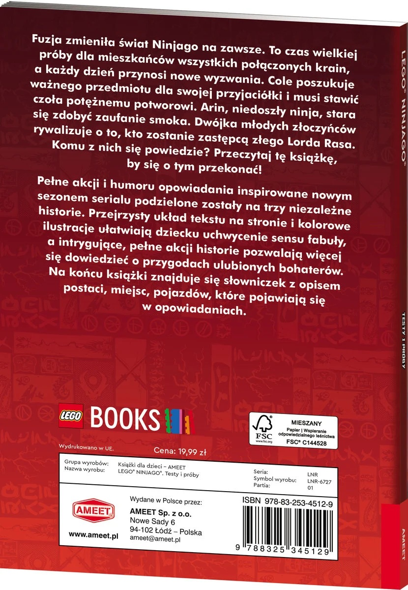 Okładka książki z tekstem o postaciach i przygodach Ninjago, z logo LEGO i szczegółami produktu.