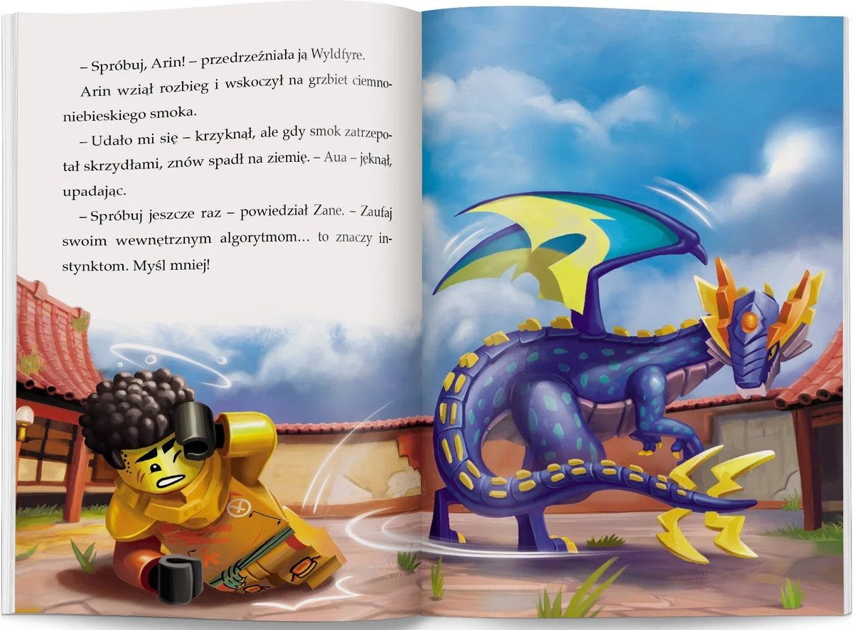 Figurka Lego w żółtej zbroi upada na ziemię obok niebieskiego smoka z żółtymi akcentami na stronie książki.